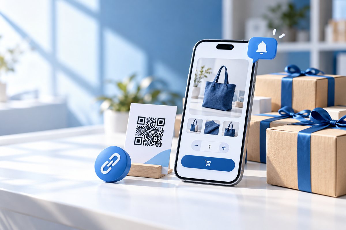 手機上的下單頁面，旁邊是 QR code 小卡與打包好的出貨紙箱